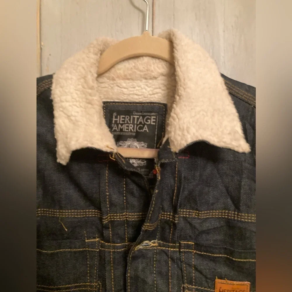 Heritage America Jacket Mens Dark Denim Button Sherpa Collar Bomber Fit‎ New Med